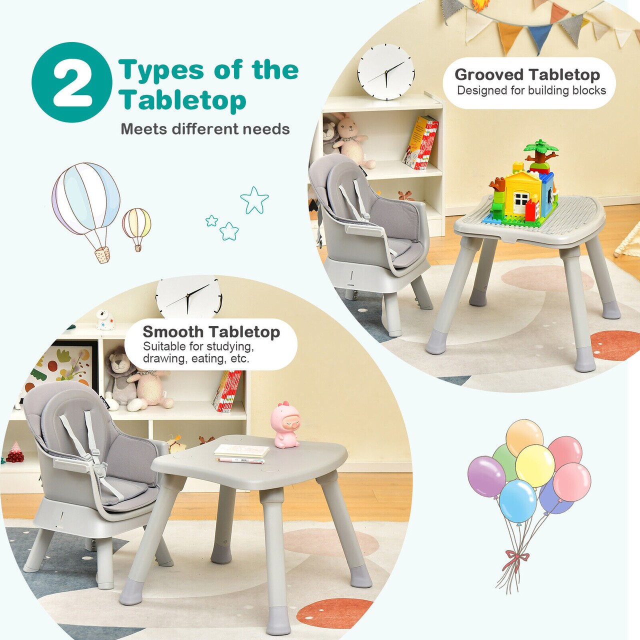 6 in 1 Convertible Baby High Chair with Adjustable Removable Tray